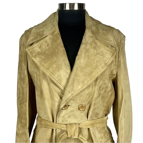 VINTAGE PORTO GALIA 70's SUEDE LEATHER TAN DOUBLE BREAST BELTED TRENCH COAT14/16 - Picture 8 of 13